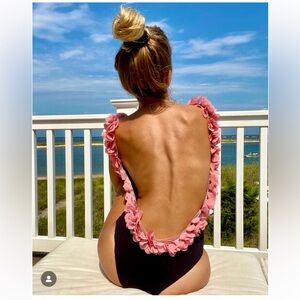 Black pink floral appliqué Scoop Back OnePiece cheeky Swimsuit S coquette resort